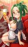  alcohol beer blush breasts chandelier dream_c_club dream_c_club_(series) glasses green_hair highres large_breasts mio_(dream_c_club) socks solo stairs takebi tiles yellow_eyes 