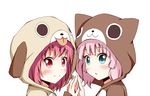  :o aikawa_ryou akaza_akari animal_costume aqua_eyes blush dog_costume hands_together multiple_girls pajamas pink_hair red_eyes red_hair simple_background smile white_background yoshikawa_chinatsu yuru_yuri 