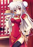  1girlbell breasts chinese_dress cleavage high_thights navel red_eyes white_hair 