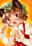  animal_ears arm_up bow bowtie brown_hair cat_ears chen fang gradient gradient_background hat high_collar highres long_sleeves looking_at_viewer miina open_mouth orange_background red_eyes shirt short_hair skirt solo touhou upper_body vest 