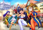 amami_haruka arms_up blue_hair blurry bodysuit boots breasts brown_hair cape cleavage clenched_hands cosplay depth_of_field dragon_quest dragon_quest_iii fighter_(dq3) fighter_(dq3)_(cosplay) futami_mami ganaha_hibiki gloves grin hair_bobbles hair_ornament happy highres idolmaster idolmaster_(classic) kisaragi_chihaya large_breasts long_hair merchant_(dq3) merchant_(dq3)_(cosplay) multiple_girls one_eye_closed open_mouth orange_bodysuit ponytail priest_(dq3) priest_(dq3)_(cosplay) purple_hair raised_fist road ryoi sage_(dq3) sage_(dq3)_(cosplay) side_ponytail smile street tabard 