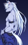  armlet blue_background furry hand_on_hip long_hair male_focus pants precure saigi shirtless smile_precure! solo tail werewolf white_hair wolf_tail wolfrun 