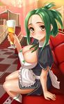  alcohol beer blush breasts chandelier dream_c_club dream_c_club_(series) drunk green_hair highres large_breasts mio_(dream_c_club) socks solo stairs takebi tiles yellow_eyes 