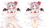  ascot bat_wings blush brooch dress fang groin haruki_(colorful_macaron) hat highres jewelry jpeg_artifacts lavender_hair lying navel no_pants on_back open_clothes open_shirt panties plaid plaid_panties red_eyes remilia_scarlet shirt short_hair skirt skirt_pull solo touhou underwear wings 