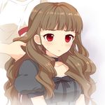  bangs blunt_bangs blush bow brown_hair choker dress eyebrows fuyuichi hair_brush hair_brushing idolmaster idolmaster_cinderella_girls kamiya_nao long_hair open_mouth puffy_short_sleeves puffy_sleeves red_eyes short_sleeves wavy_hair 