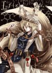 arms_up belt blonde_hair calculus chemical_structure dress facial_mark fox_tail grin hat hiba_(p-p-purin) math multiple_tails ofuda ribbon short_hair smile solo tabard tail touhou white_dress wide_sleeves wrist_ribbon yakumo_ran yellow_eyes 