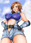  1girl :o bare_shoulders belt breasts brown_eyes brown_hair commentary_request covered_nipples fingerless_gloves from_below gloves hands_on_hips jumpsuit kazama_asuka large_breasts midriff open_mouth revealing_clothes short_hair sleeveless solo tekken unzipped 
