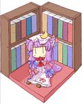  :&lt; animal_ears book bookshelf cat_ears chibi collar crescent dress hair_ribbon hat long_hair natsuki_(silent_selena) patchouli_knowledge purple_hair ribbon sitting solo touhou |_| 