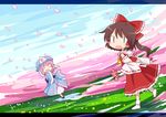  arms_up ascot black_eyes blue_dress blue_sky bow brown_hair cherry_blossoms closed_eyes day dress field flower flower_field grass hair_bow hair_tubes hakurei_reimu hat letterboxed multiple_girls petals pink_hair ponytail saigyouji_yuyuko shirt short_hair skirt skirt_set sky smile spell_card touhou veil yamabuki_(yusuraume) |_| 