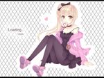  bare_shoulders black_legwear blonde_hair doughnut dress fang food heart letterboxed long_hair monogatari_(series) mouth_hold nisemonogatari oshino_shinobu pantyhose pointy_ears side_ponytail sitting solo spoken_heart strap_slip verjuice yellow_eyes 