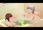  1girl ^_^ bath bathroom blush brown_hair closed_eyes cousins doujima_nanako grey_hair jack_frost letterboxed mixed_bathing narukami_yuu no_nose nude persona persona_4 rubber_duck short_twintails smile towel towel_on_head twintails water zazagi 