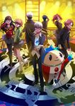  4girls amagi_yukiko black_hair blue_hair brown_hair glasses glowing grey_hair hanamura_yousuke hat headphones jacket_on_shoulders kujikawa_rise kuma_(persona_4) kunai multiple_boys multiple_girls narukami_yuu pantyhose persona persona_4 red_hair satonaka_chie school_uniform shion_(kizuro) shirogane_naoto skirt tatsumi_kanji thighhighs twintails weapon 