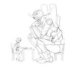  ayanami_rei board_game chair chess chin_rest eva_00 greyscale hair_ornament height_difference highres kekekeke lineart mecha monochrome neon_genesis_evangelion playing_games plugsuit sweatdrop 
