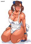  alternate_hairstyle apron blush breasts capcom chun-li dark_skin earrings flats housewife jewelry large_breasts milf naked_apron papepox2 smile street_fighter tan tanline twintails 