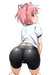  ass bike_shorts blush from_behind gym_uniform hair_ribbon kaname_madoka kneeling leaning_forward looking_back mahou_shoujo_madoka_magica pink_eyes pink_hair ribbon shiny shiny_clothes short_hair short_twintails simple_background smile solo trefoil twintails youkan 