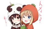  &gt;_o :d aikawa_ryou animal_costume blonde_hair blue_eyes blush brown_eyes brown_hair finger_to_face funami_yui hood hoodie multiple_girls one_eye_closed open_mouth pajamas panda_costume simple_background smile sweatdrop tomato_costume toshinou_kyouko translated white_background yuru_yuri 