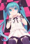  :&lt; aqua_eyes aqua_hair checkered hair_ribbon hatsune_miku heart heart-shaped_pupils highres long_hair looking_at_viewer mvv ribbon solo symbol-shaped_pupils thighhighs twintails very_long_hair vocaloid world_is_mine_(vocaloid) wrist_ribbon zettai_ryouiki 