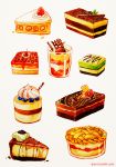  artist_name blueberry cake cheesecake chocolate chocolate_cake commentary cup food fruit grey_background no_humans original pie qinni simple_background slice_of_cake strawberry_cake_jelly traditional_media watercolor_(medium) 