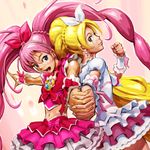  blonde_hair blue_eyes bow brooch choker cure_melody cure_rhythm green_eyes heart holding_hands houjou_hibiki jewelry long_hair magical_girl midriff minamino_kanade multiple_girls navel no_choker pink_bow pink_choker pink_hair ponytail precure simulex skirt suite_precure twintails 