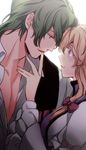  1girl banned_artist blonde_hair bow chikage_(kinokodou) dress face-to-face finger_to_mouth forehead-to-forehead genderswap genderswap_(ftm) green_hair hair_bow kazami_yuuka long_hair open_clothes open_shirt purple_eyes red_eyes shirt touhou vest yakumo_yukari 