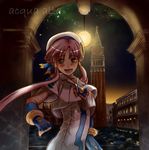  aria bad_id bad_pixiv_id campanile_di_san_marco fingerless_gloves gloves grazie_(avvenire-aria) green_eyes hair_tubes hat italy lowres mizunashi_akari night night_sky pink_hair sidelocks sky solo uniform venice water 