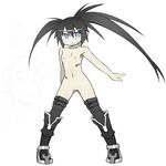  1girl bad_id bad_pixiv_id black_hair black_rock_shooter black_rock_shooter_(character) blue_eyes boots cannsk full_body long_hair looking_at_viewer nude scar simple_background solo_focus thighhighs thumbs_up translated twintails 