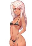  bangs bare_shoulders bikini black_bikini blush breasts chloe_von_einzbern collarbone commentary_request dark_skin fate/kaleid_liner_prisma_illya fate_(series) highres hips long_hair looking_at_viewer micro_bikini navel one_eye_closed one_side_up orange_eyes sidelocks sikijou77o simple_background smile swimsuit untied_bikini_bottom white_background 