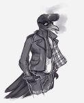  2017 anthro avian beak biped bird black_feathers black_tail cigarette clothed clothing cotingid crest delinquent digital_drawing_(artwork) digital_media_(artwork) eyebrows eyewear feathered_crest feathers fully_clothed greaser grey_beak grey_clothing half-length_portrait hands_in_pockets hi_res jacket leather leather_jacket male mute-owl open_clothing open_jacket pants pockets pompadour portrait shirt simple_background smoking solo standing sunglasses tail_feathers umbrellabird undershirt wattle white_background white_clothing 