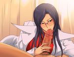  1boy 1girl black_hair breasts capcom censored fellatio glasses gureko_rouman highres justice_gakuen kyoko_minazuki long_hair minazuki_kyouko oral penis penis_kiss rival_schools spiral_brain sweater turtleneck 