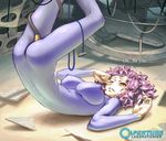  breasts breasts_apart covered_nipples english glados jpeg_artifacts large_breasts legs_up lying object_insertion on_back one_eye_closed parted_lips personification portal portal_(series) portal_2 purple_hair saran_wrap_(sf_seijin) shiny skin_tight solo wince yellow_eyes 