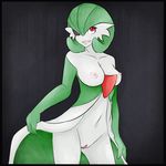  1girl acperience breasts dress eyepatch furry gardevoir green_hair grin pokemon pussy red_eyes smile solo white_dress 