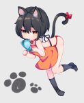  animal_ears apron bell bell_collar black_hair cat_ears cat_tail collar commentary_request eyebrows_visible_through_hair highres naked_apron original paw_pose paw_print ribbon short_hair slit_pupils socks solo tail tail_ribbon yaekn yellow_eyes 