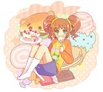  :3 brown_hair cake eating food food_on_face green_eyes hamburger happy ice_cream idolmaster idolmaster_(classic) idolmaster_1 pastry pinkmm raglan_sleeves socks solo sweets takatsuki_yayoi twintails 