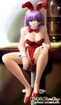  animal_ears bar breasts bunny_ears bunnysuit cleavage copyright_request fishnet_pantyhose fishnets large_breasts onoe pantyhose purple_hair short_hair sitting solo spread_legs stool 