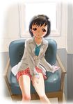  black_hair brown_eyes copyright_request inuburo legs open_clothes open_shirt shirt short_hair sitting solo 