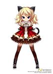  animal_ears armcho blonde_hair brooch cat_(trickster) cat_ears cat_tail dress full_body jewelry legs_apart purple_eyes smile solo standing tail thighhighs trickster twintails 