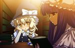  :o anime_coloring blonde_hair blush book book_stack bookshelf braid broiler brown_eyes embellished_costume full-face_blush hat head_rest holding holding_book indoors kirisame_marisa library looking_at_viewer multiple_girls open_book parted_lips patchouli_knowledge profile puffy_short_sleeves puffy_sleeves reading short_sleeves single_braid touhou upper_body voile witch_hat 