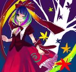  arm_ribbon bad_id bad_pixiv_id bow front_ponytail green_eyes green_hair hair_bow hair_ribbon kagiyama_hina leaf long_hair multicolored_hair one_eye_closed open_mouth purple_hair ribbon smile solo tan_(tangent) touhou 