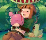  artist_request belt blush brown_hair capelet carnivine cherubi closed_eyes gen_4_pokemon green_capelet gym_leader lowres natane_(pokemon) navel pokemon pokemon_(creature) pokemon_(game) pokemon_dppt saliva sleeping turtwig 