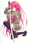  alastor_(shakugan_no_shana) itou_noiji jewelry kneeling long_hair pendant red_eyes red_hair school_uniform shakugan_no_shana shana sword weapon 