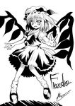  a_kirima character_name fang flandre_scarlet greyscale hat monochrome short_hair smile solo touhou wings 