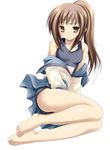  barefoot brown_eyes brown_hair feet genderswap genderswap_(mtf) kita_high_school_uniform kyonko namamo_nanase one-piece_swimsuit ponytail school_swimsuit school_uniform serafuku shirt_pull solo suzumiya_haruhi_no_yuuutsu swimsuit swimsuit_under_clothes 