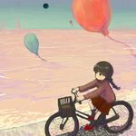  balloon bicycle braid cruiser_bicycle fantasy ground_vehicle lowres madotsuki oekaki pink_shirt scenery shirt skirt sky solo twin_braids water yume_nikki 