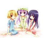  barefoot blonde_hair furude_rika green_skirt hanyuu higurashi_no_naku_koro_ni horns houjou_satoko multiple_girls pajamas skirt suzushiro_kurumi 