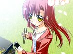  casual chopsticks food hair_ornament hairband hairclip hata_kenjirou hayate_no_gotoku! highres katsura_hinagiku looking_up obentou onigiri petals pink_hair solo yellow_eyes 