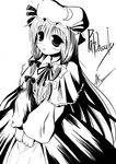  a_kirima blush greyscale hat lingerie long_hair monochrome nightgown patchouli_knowledge ribbon solo touhou underwear 