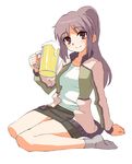  alcohol beer brown_eyes froth original oryou ponytail purple_hair socks solo 