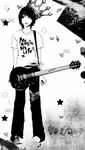  androgynous artist_request copyright_request crown greyscale guitar instrument monochrome pants short_hair solo treble_clef 