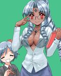  artist_request breasts cleavage dark_skin drill_hair glasses large_breasts lowres multiple_girls oekaki open_clothes open_shirt os-tan shirt silver_hair visbou vista-tan vistake 