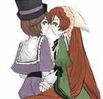  brown_hair green_eyes hat long_hair mksm multiple_girls rozen_maiden short_hair siblings sisters souseiseki suiseiseki twins 